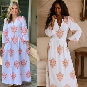 NEW Tyler Boe Lana Woven Floral Embroidered V-Neck Bracelet Sleeve Maxi Dress XS